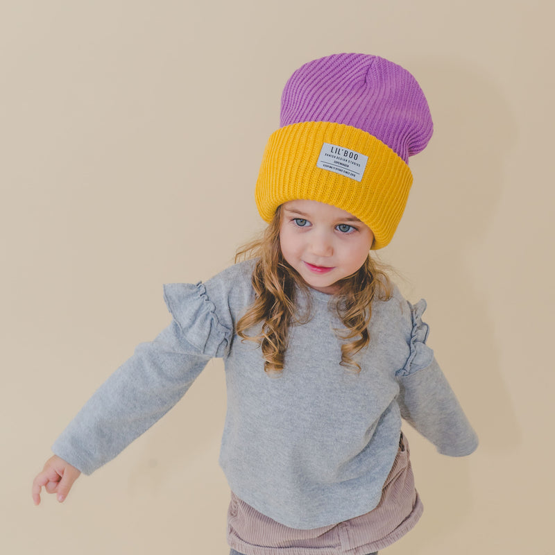 Lil’ Boo Block Hygge Beanie – Purple/Yellow