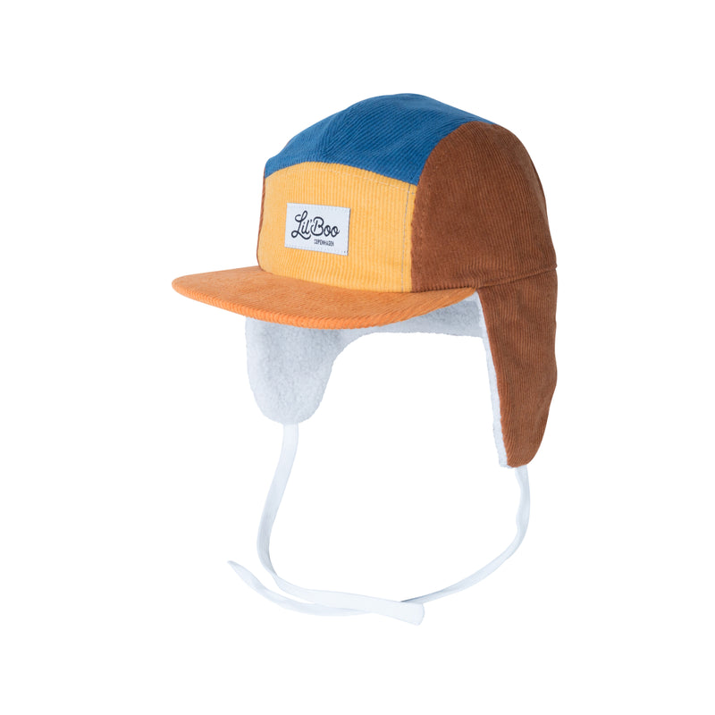 Block Corduroy 5 Panel w. ears - Yellow/Brown/Blue