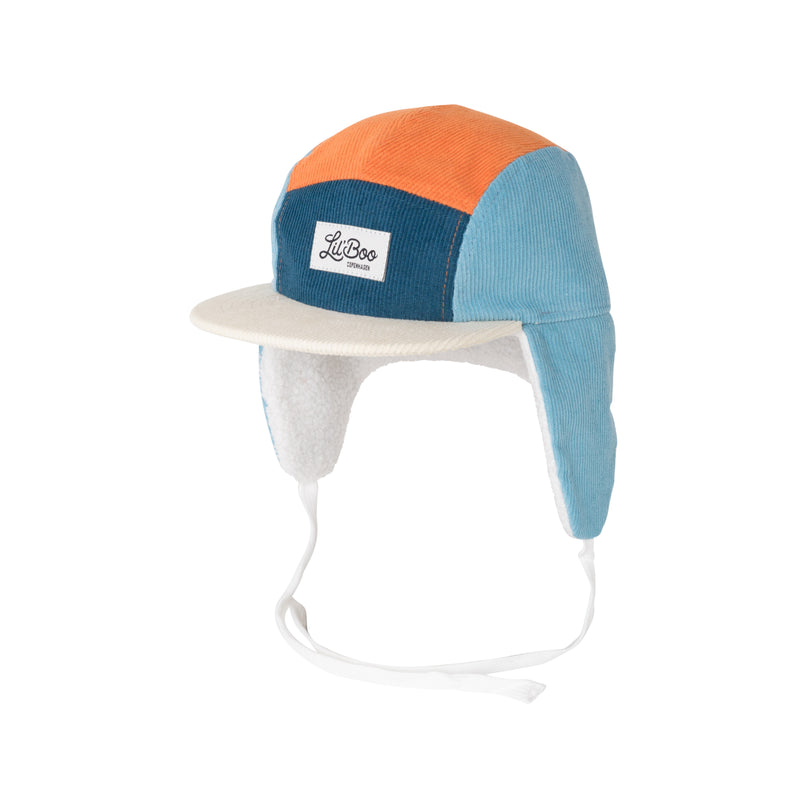 Block Corduroy 5 Panel w. ears - Blue/Orange